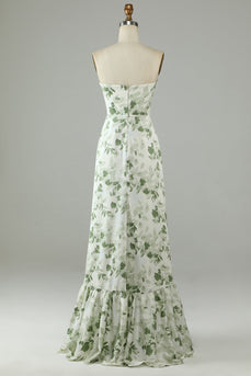 Asymetryczna sukienka dla druhen bez ramiączek z nadrukiem zielonym długim długim strojem dla druhen