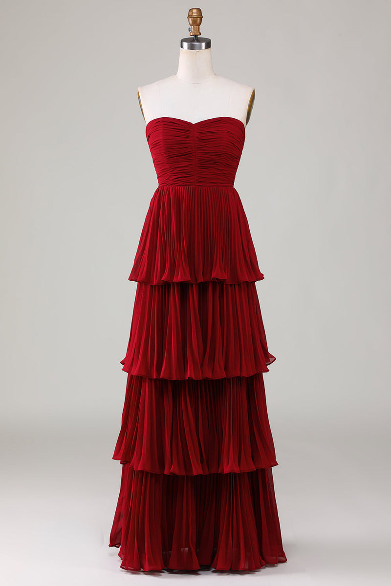 Załaduj obraz do przeglądarki galerii, Bez ramiączek Tiered Burgundy Long Bridesmaid Dress