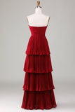 Bez ramiączek Tiered Burgundy Long Bridesmaid Dress