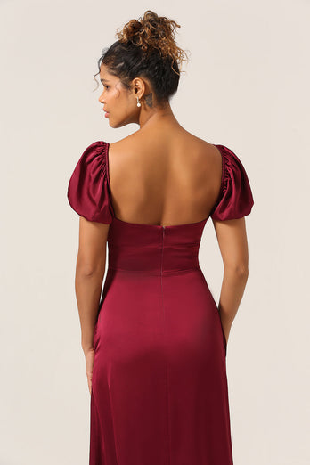 Dekolt W Kształcie Serca Burgundia Sukienki Dla Druhny Z Bufiastymi Rękawami