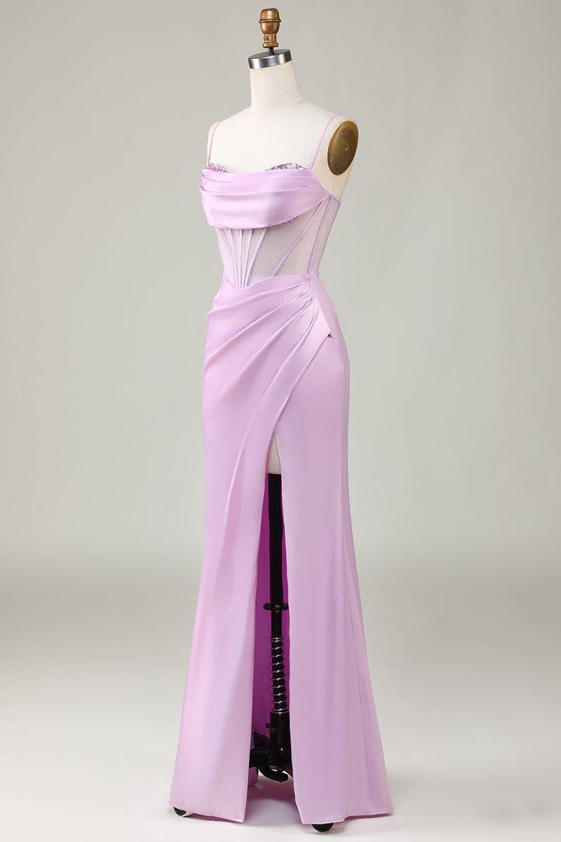 Załaduj obraz do przeglądarki galerii, Syrena Cienkich Ramiączkach Liliowa Długa Sukienki Dla Druhny Z Rozcięciem
