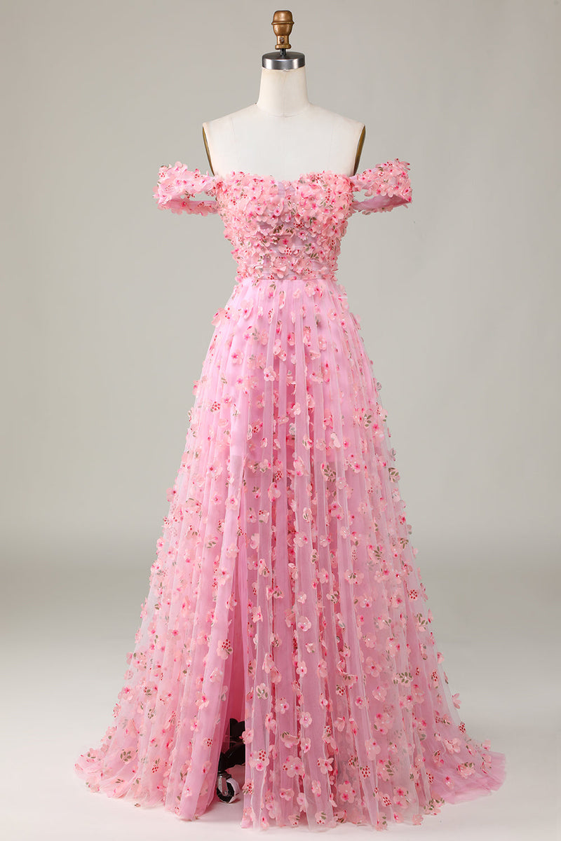 Załaduj obraz do przeglądarki galerii, Różowa Długa Sukienki Dla Druhny Z Kwiatami 3D Z Odkrytymi Ramionami