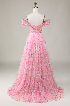 Różowa Długa Sukienki Dla Druhny Z Kwiatami 3D Z Odkrytymi Ramionami