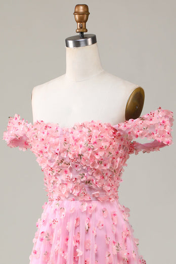 Różowa Długa Sukienki Dla Druhny Z Kwiatami 3D Z Odkrytymi Ramionami