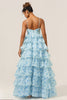Załaduj obraz do przeglądarki galerii, Wspaniałe paski spaghetti z linii wycięte warstwową niebieską sukienką dla druhen