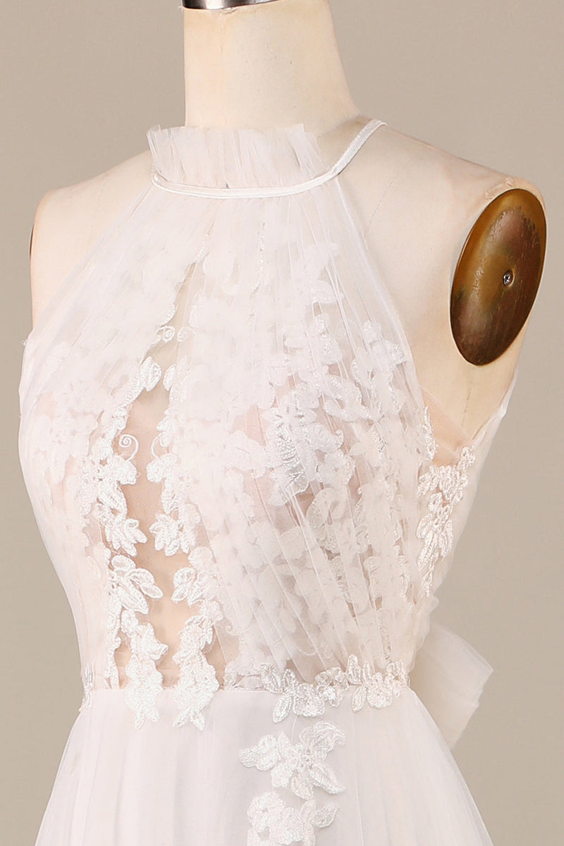 Załaduj obraz do przeglądarki galerii, Dekolt Halter Kość Słoniowa Suknia Ślubna Z Elegancką Koronką