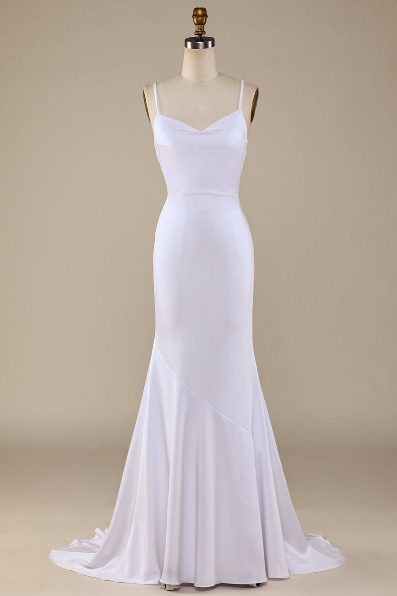 Załaduj obraz do przeglądarki galerii, Biała Syrenka Zasznurowana Z Tyłu Pociągowa Suknia Ślubna Typu Sweep