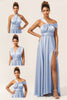 Załaduj obraz do przeglądarki galerii, Niebieska Satynowa Kabriolet Sukienki Dla Druhny Z Rozcięciem