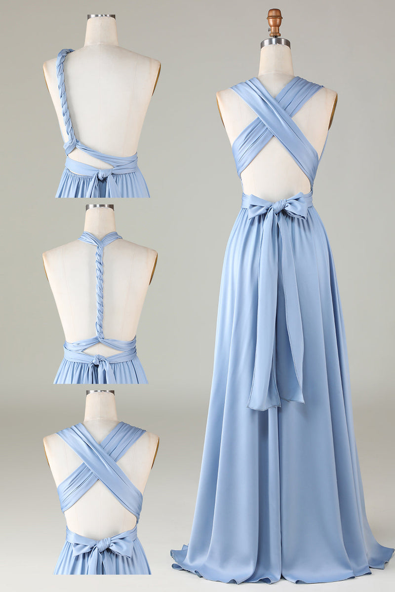Załaduj obraz do przeglądarki galerii, Kabriolet Niebieski Satynowe Sukienki Dla Druhny Z Rozcięciem