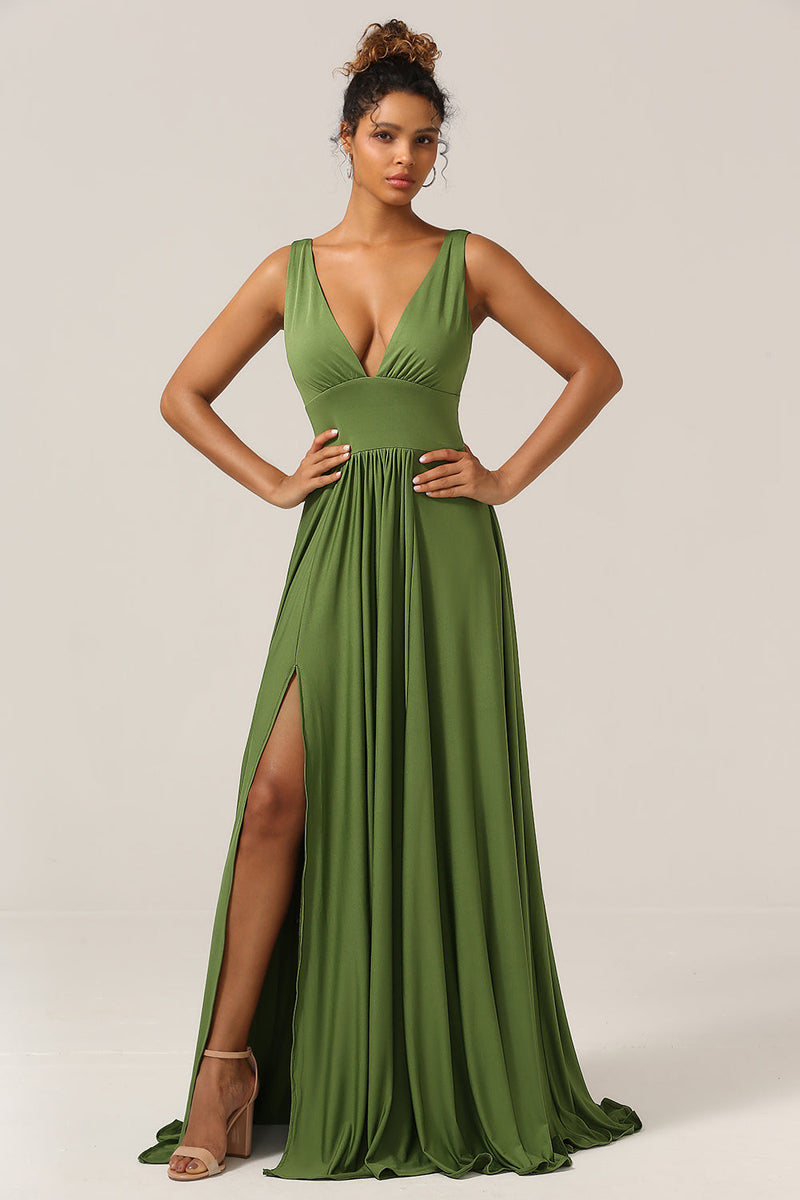Załaduj obraz do przeglądarki galerii, Elegancka Dekolt V Bez Rękawów Zielona Długa Sukienka Dla Druhen