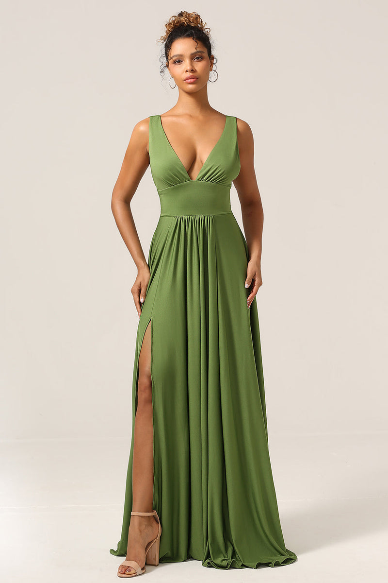 Załaduj obraz do przeglądarki galerii, Elegancka Dekolt V Bez Rękawów Zielona Długa Sukienka Dla Druhen