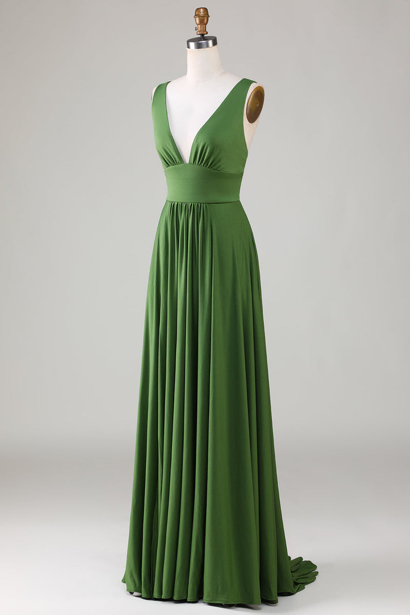 Załaduj obraz do przeglądarki galerii, Oliwkowa długa sukienka dla druhen bez dekoltu w serek