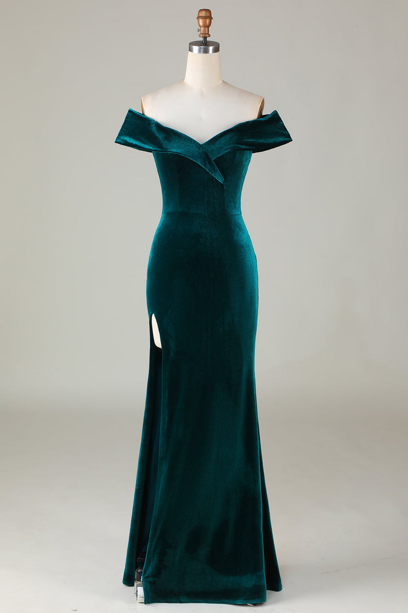 Załaduj obraz do przeglądarki galerii, Z Ramienia Zielona Aksamitna Syrena Sukienki Dla Druhny Z Rozcięciem