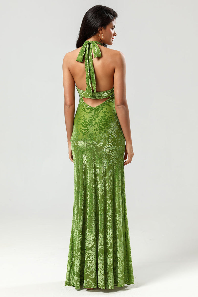 Załaduj obraz do przeglądarki galerii, Syrenka Aksamitna Dekolt Halter Zielona Sukienki Dla Druhny z Rozcięciem