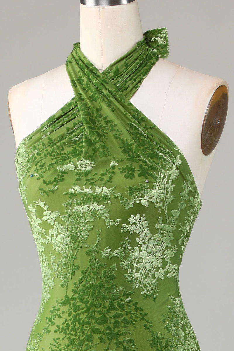 Załaduj obraz do przeglądarki galerii, Aksamitna Dekolt Halter Zielona Sukienka Dla Druhen