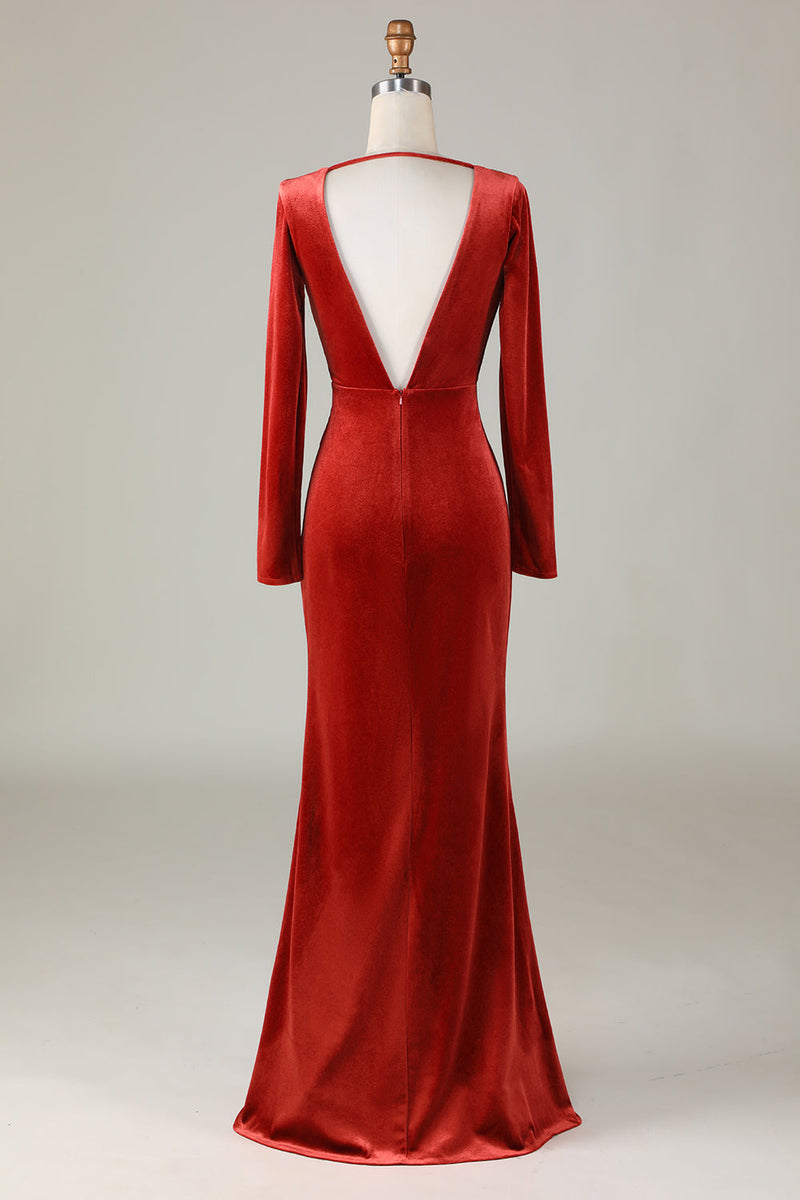 Załaduj obraz do przeglądarki galerii, Aksamitna Syrena Terakotowa Sukienka Dla Druhen Z Długim Rękawem