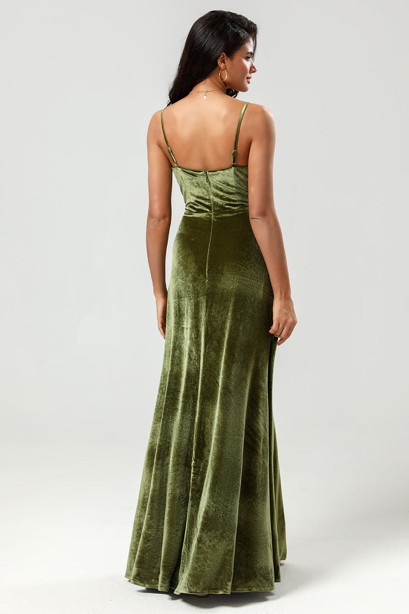 Załaduj obraz do przeglądarki galerii, Aksamitna Linia Zielona Sukienka Dla Druhen Z Rozcięciem
