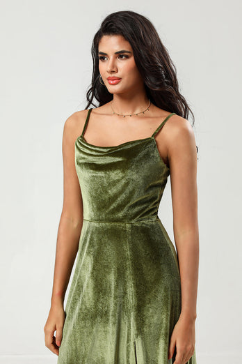 Aksamitna Linia Zielona Sukienka Dla Druhen Z Rozcięciem