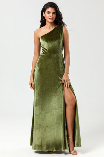 Aksamitna Na Jedno Ramię Zielona Sukienki Dla Druhny z Rozcięciem