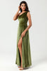 Załaduj obraz do przeglądarki galerii, Aksamitna Na Jedno Ramię Zielona Sukienki Dla Druhny z Rozcięciem