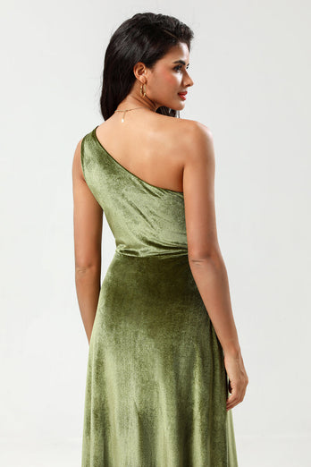 Aksamitna Na Jedno Ramię Zielona Sukienki Dla Druhny z Rozcięciem