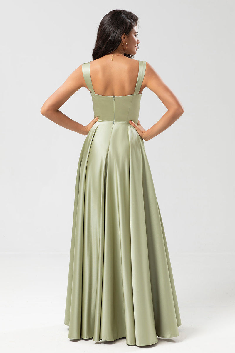 Załaduj obraz do przeglądarki galerii, Satynowa Zielona Sukienka Dla Druhen Z Kieszeniami