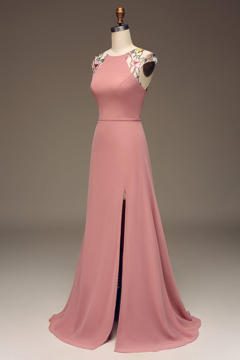 Załaduj obraz do przeglądarki galerii, Różowa Szyfon Sukienki Dla Druhny Z Rozcięciem