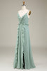 Załaduj obraz do przeglądarki galerii, Eukaliptusowa Szyfonowa Sukienki Dla Druhny Z Dekoltem W Szpic Z Falbankami