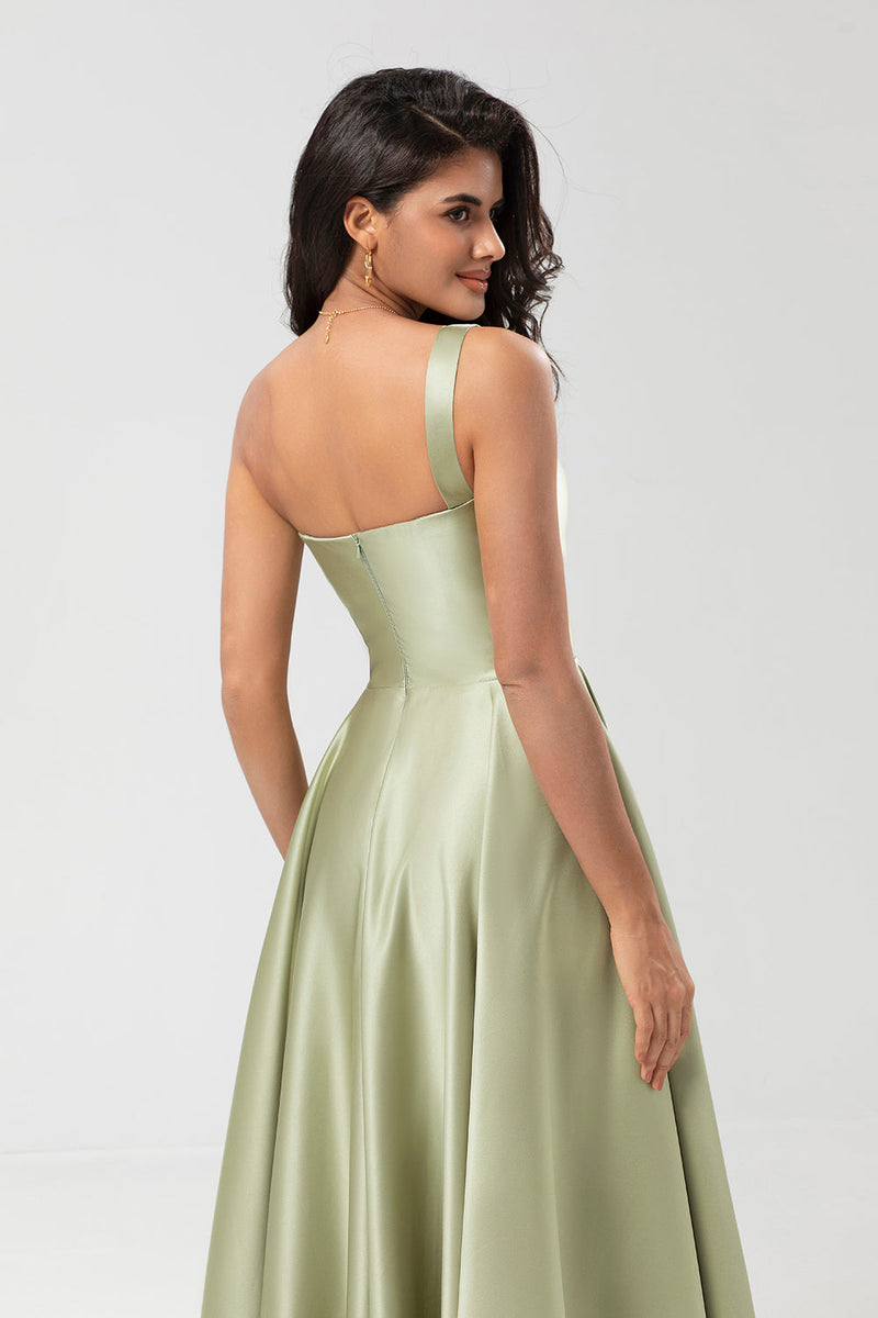 Załaduj obraz do przeglądarki galerii, Jedna Satynowa Zielona Sukienki Dla Druhny Na Ramię Z Kieszeniami