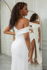 Załaduj obraz do przeglądarki galerii, Prosta suknia ślubna z kości słoniowej na jedno ramię z rozcięciem