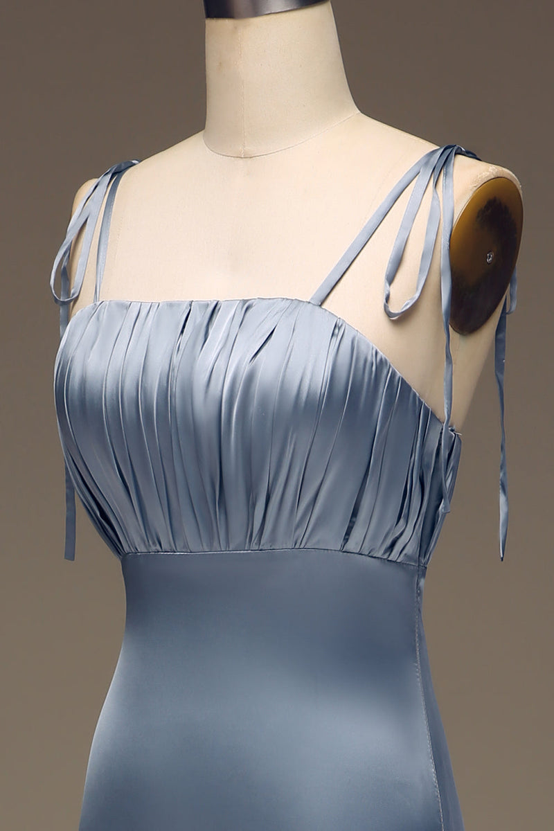 Załaduj obraz do przeglądarki galerii, Niebieska Cienkich Ramiączkach Płaszczowa Satynowa Plisowana Sukienka Dla Druhny