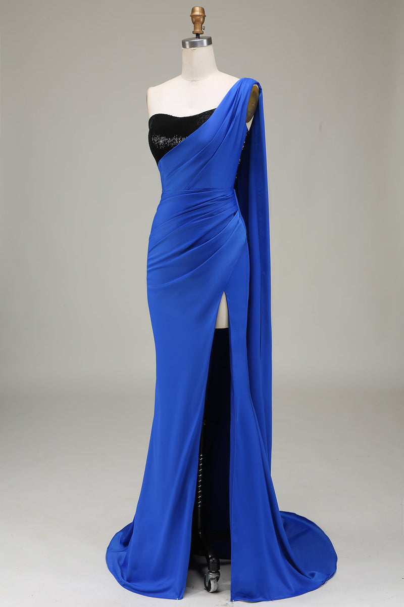 Załaduj obraz do przeglądarki galerii, Królewska Niebieska Satynowa I Cekinowa Syrenka Plisowana Sukienka Na Studniówkę Z Rozcięciem