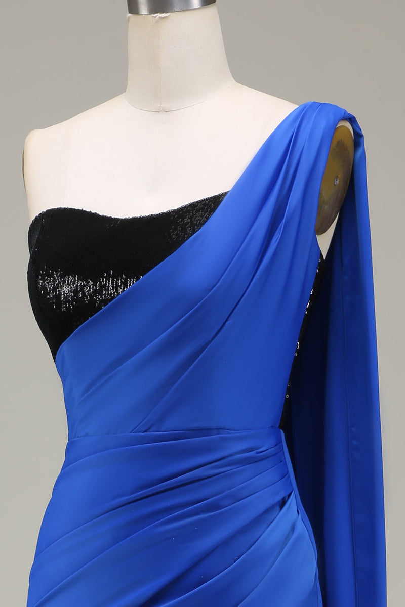 Załaduj obraz do przeglądarki galerii, Królewska Niebieska Satynowa I Cekinowa Syrenka Plisowana Sukienka Na Studniówkę Z Rozcięciem