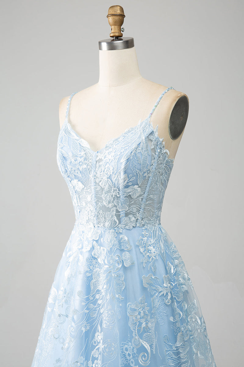 Załaduj obraz do przeglądarki galerii, Błękitne Koronkowa Długa Gorsetowa Sukienka Na Studniówkę W Kształcie Litery A