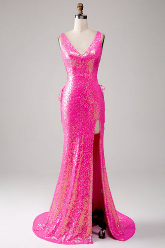 Błyszcząca gorąca różowa sukienka na studniówkę syrenka z rozcięciem