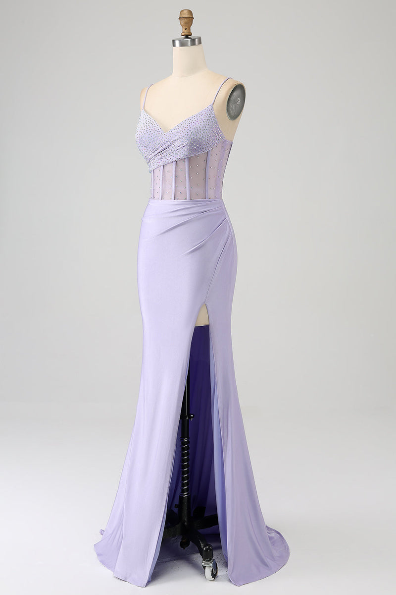 Załaduj obraz do przeglądarki galerii, Brokatowy Liliowy Długa Sukienka Syrena Na Wesele Z Rozcięciem Z Gorsetem