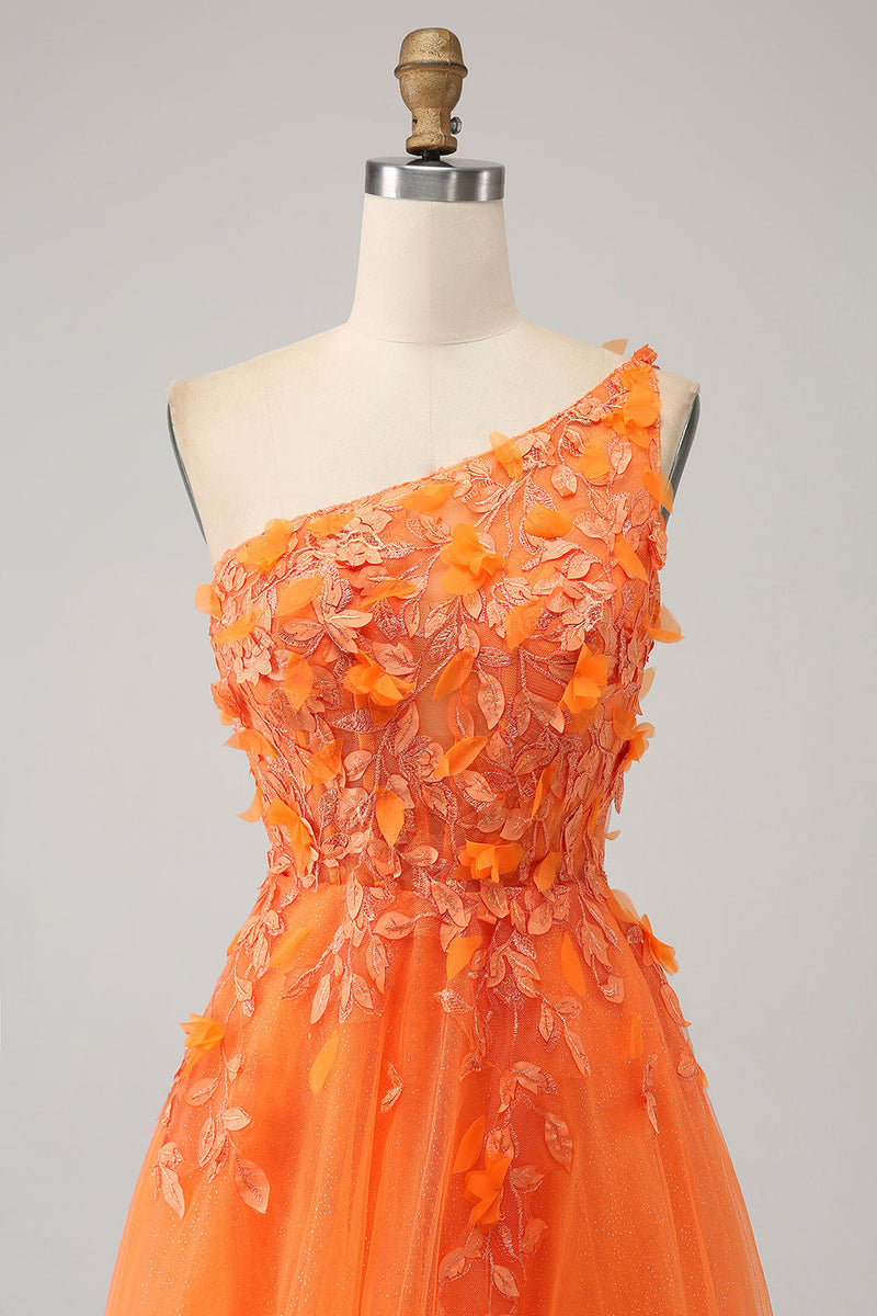 Załaduj obraz do przeglądarki galerii, Pomarańczowa Tiulowa Sukienka Na Studniówkę Na Jedno Ramię W Kształcie A Z Aplikacjami