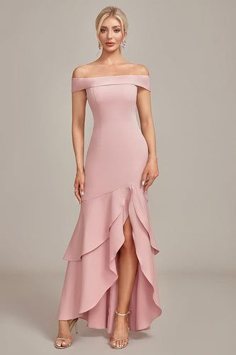 Różowa Asymetryczna Sukienki Syrenka Na Wesele Dla Mamy z Falbanami