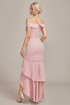 Różowa Asymetryczna Sukienki Syrenka Na Wesele Dla Mamy z Falbanami
