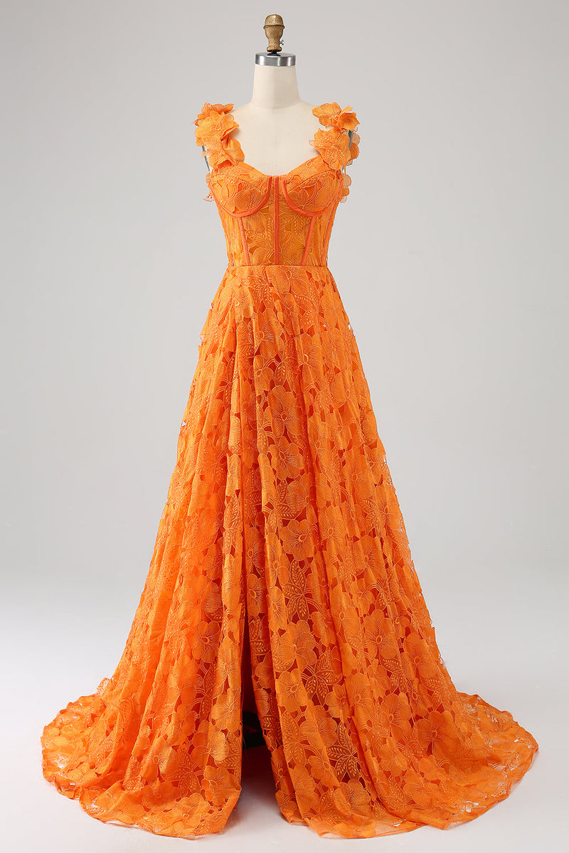 Załaduj obraz do przeglądarki galerii, Pomarańczowa Linia A Kwiatowa Koronkowa Długa Sukienka Na Studniówkę
