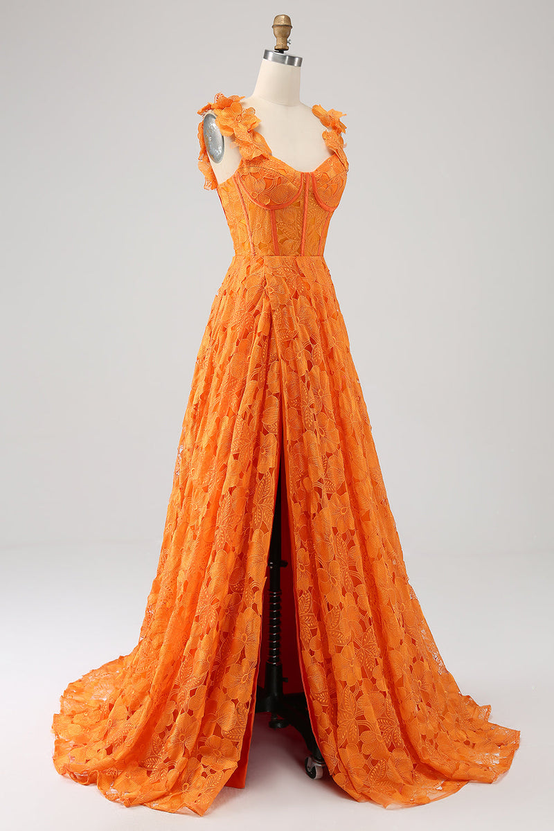 Załaduj obraz do przeglądarki galerii, Pomarańczowa Linia A Kwiatowa Koronkowa Długa Sukienka Na Studniówkę