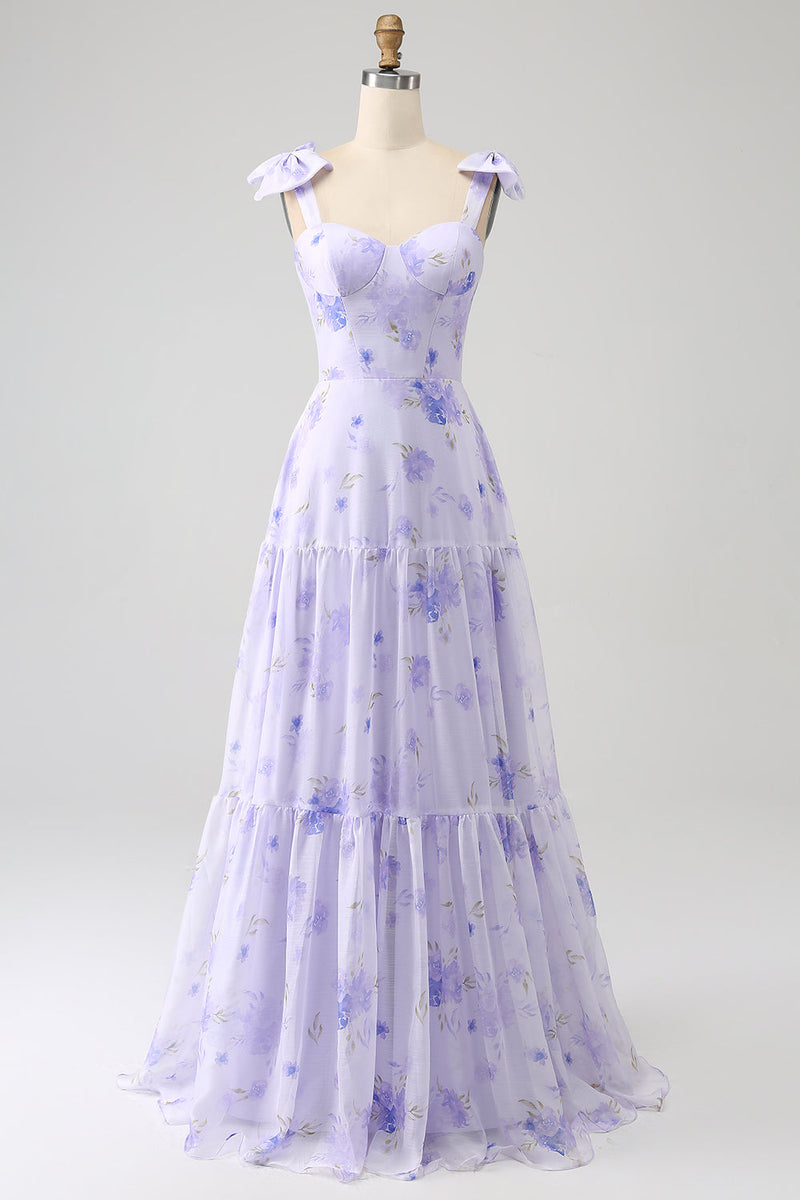 Załaduj obraz do przeglądarki galerii, Liliowy Gorset Kwiatowy Długa Sukienka Na Studniówkę
