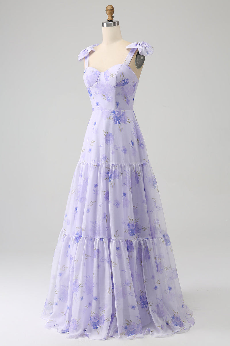 Załaduj obraz do przeglądarki galerii, Liliowy Gorset Kwiatowy Długa Sukienka Na Studniówkę