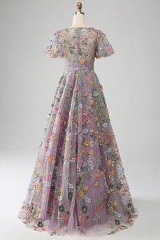 Fioletowa suknia balowa/księżniczka haftowana sukienka na studniówkę z krótkimi rękawami