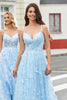 Załaduj obraz do przeglądarki galerii, Błękitna Cienkich Ramiączkach Długa Sukienka Na Studniówkę Z Rozcięciem