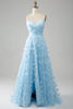 Załaduj obraz do przeglądarki galerii, Sky Blue A Line Spaghetti Ramiączka Błyszcząca sukienka na studniówkę z koralikami z motylami 3D