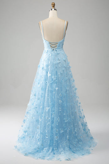 Sky Blue A Line Spaghetti Ramiączka Błyszcząca sukienka na studniówkę z koralikami z motylami 3D