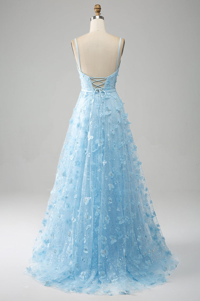 Załaduj obraz do przeglądarki galerii, Sky Blue A Line Spaghetti Ramiączka Błyszcząca sukienka na studniówkę z koralikami z motylami 3D