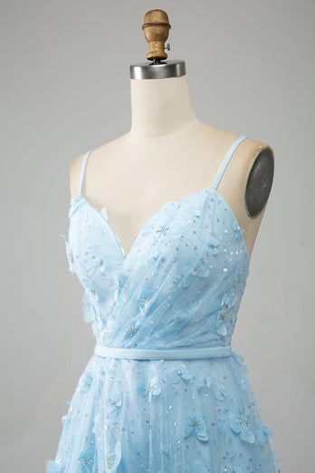 Sky Blue A Line Spaghetti Ramiączka Błyszcząca sukienka na studniówkę z koralikami z motylami 3D