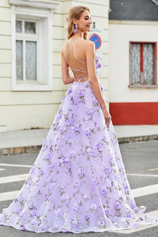 Liliowy Cienkich Ramiączkach Długa Sukienka Na Studniówkę Z Kwiatami 3D
